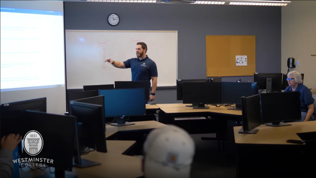 Chris Cox teaching in a Westminster College computer classroom